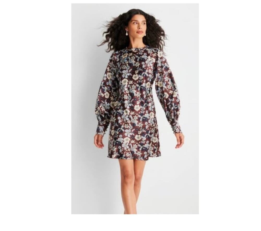 Future Collective Dress Women's SZ 10 Brown Blue Floral Balloon Sleeve Open Back